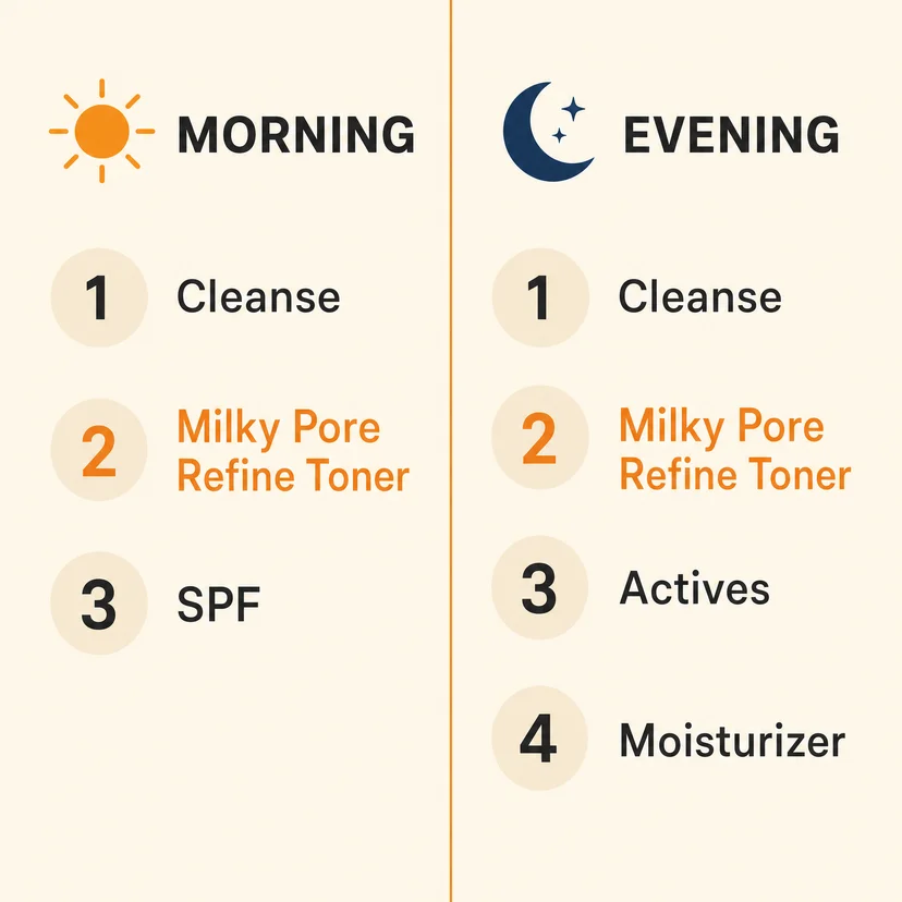Infographic showing a split morning and evening skincare routine — morning: Step 1 cleanse, Step 2 milky pore refine toner (highlighted in orange), Step 3 SPF; evening: Step 1 cleanse, Step 2 milky pore refine toner (highlighted in orange), Step 3 actives, Step 4 moisturizer