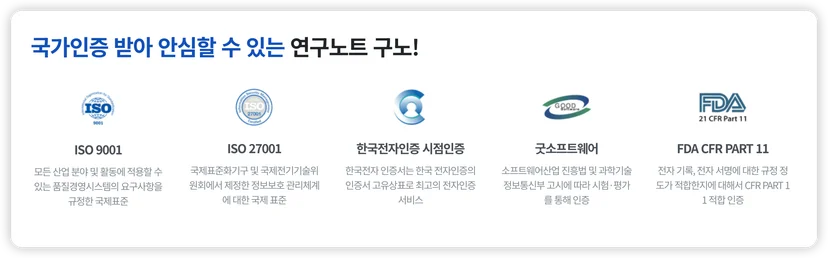 국가인증 받아 안심할 수 있는 연구노트 구노!