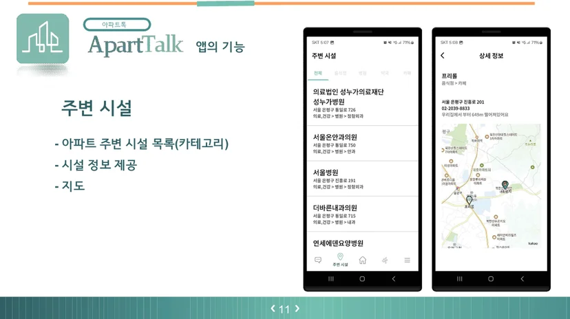 아파트톡 주변 시설 지도 검색 화면 — 약국·카페·음식점 카테고리