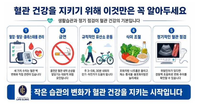 1. 혈압 혈당 관리, 2. 금연, 3. 규칙적인 유산소운동, 4. 식이조절, 5. 정기적인 혈관 점검