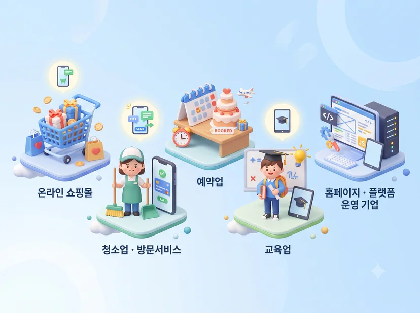 온라인 쇼핑몰, 청소업·방문서비스, 예약업, 교육업, 홈페이지·플랫폼 운영 기업 등 5가지 사업 방식별로 필요한 결제 서비스 아이콘 이미지