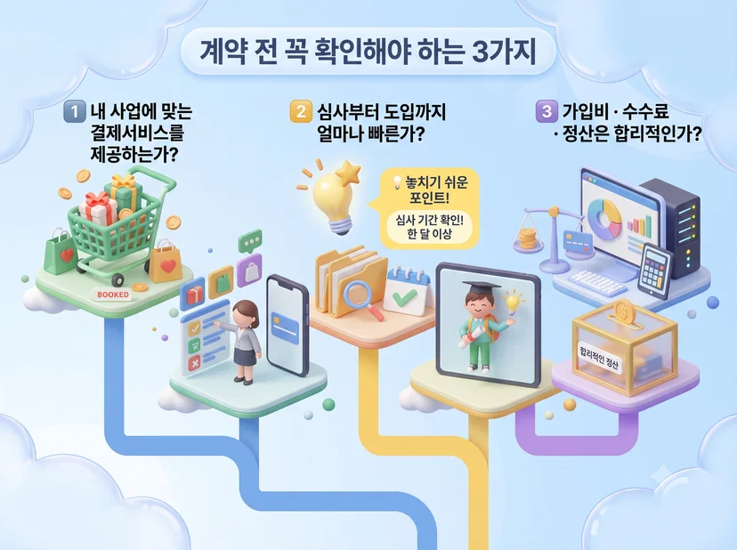 계약 전 꼭 확인해야 하는 3가지: 내 사업에 맞는 결제서비스를 제공하는가?, 심사부터 도입까지 얼마나 빠른가?, 가입비·수수료·정산은 합리적인가? 를 나타내는 인포그래픽 이미지