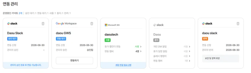 다우오피스 '커넥트' 연동 설정 화면