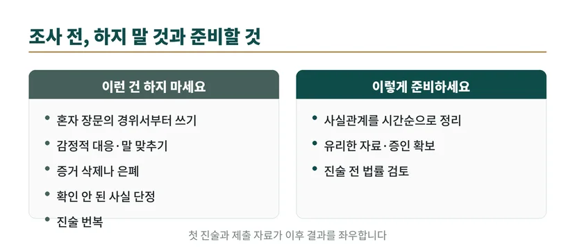 군인 군무원 징계 조사 전 하지 말 것과 준비할 것을 두 단으로 비교한 도식
