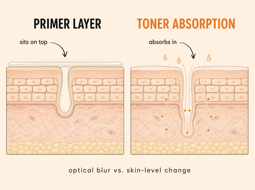 Skin cross-section diagram comparing primer layer and toner absorption — primer layer sits on top of the skin surface filling the pore opening without penetrating, while toner absorption shows formula entering and dispersing through skin layers including inside the pore canal, with caption "optical blur vs. skin-level change"