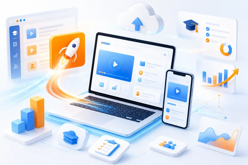 빠른 구축과 즉시 운영이 가능한 SaaS 기반 온라인 학습 플랫폼을 표현한 디지털 온보딩 일러스트