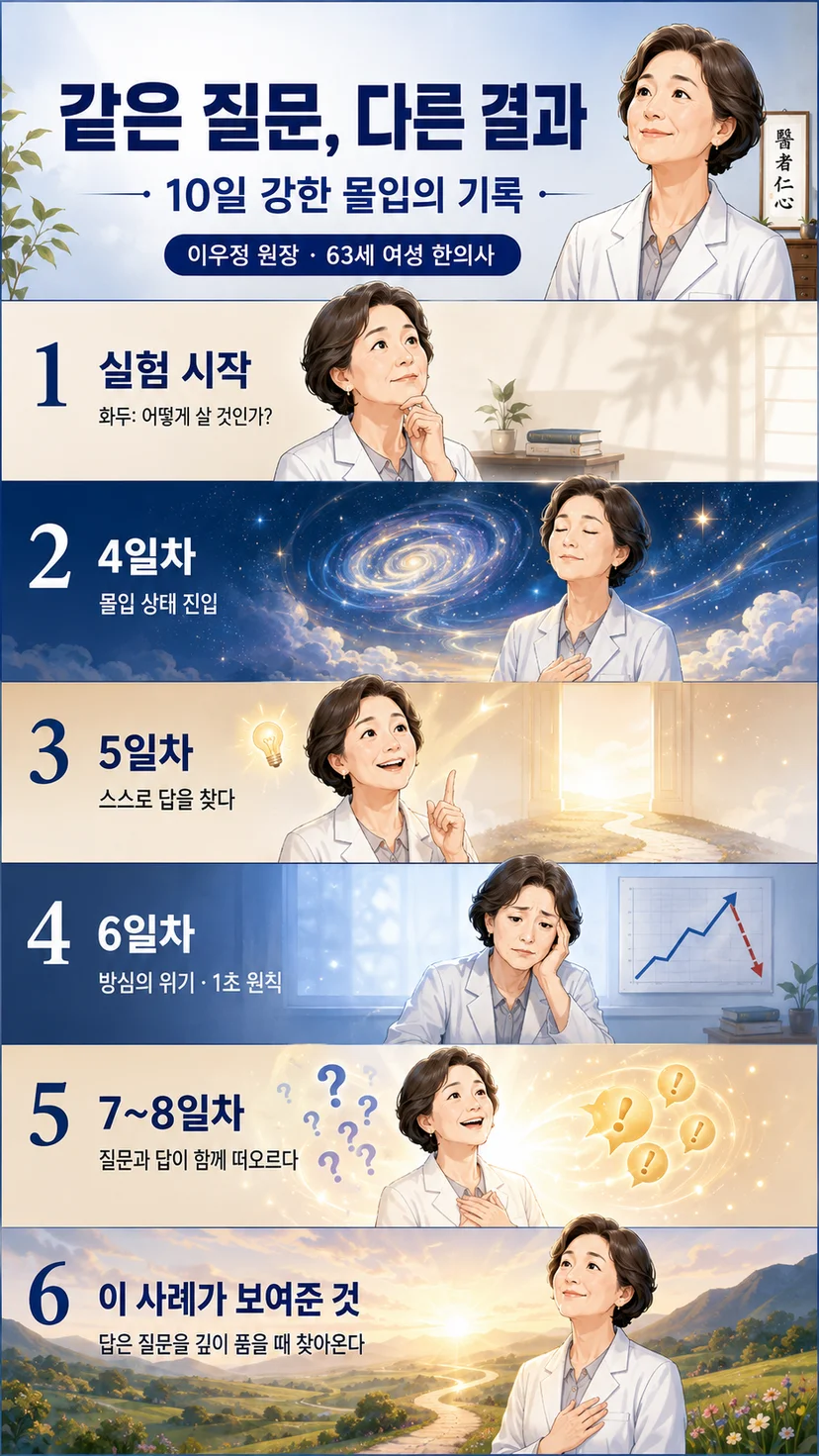 이우정 원장의 10일 강한 몰입 기록을 6단계로 정리한 인포그래픽. ‘어떻게 살 것인가’라는 같은 질문을 화두로 삼아 실험 시작, 4일차 몰입 진입, 5일차 스스로 답 찾기, 6일차 방심의 위기와 1초 원칙, 7~8일차 절정, 그리고 답은 질문을 깊이 품을 때 찾아온다는 메시지를 이미지 중심으로 표현했다.