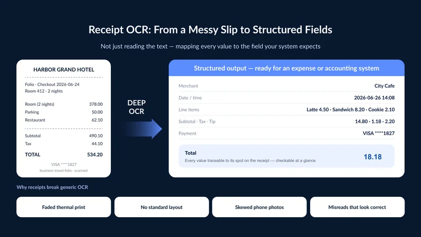 Receipt OCR and receipt data extraction turning a scanned business-travel receipt into structured fields — a hotel folio on the left (room, parking, restaurant, subtotal, tax, total) maps to extracted fields on the right (merchant, date, line items with prices, subtotal, tax, payment method, total), with a callout noting the hard parts: thermal fade, no standard layout, photo skew, and misreads that look correct. 