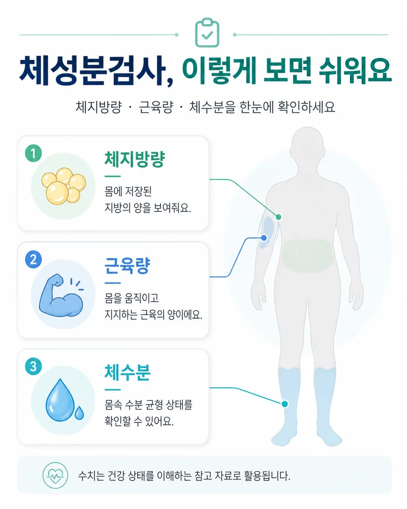 체성분검사에서 확인하는 체지방량 근육량 체수분 항목 안내 인포그래픽