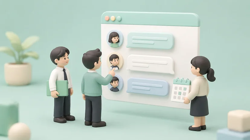 팀원들이 협업 플랫폼에서 소통하는 클레이 일러스트