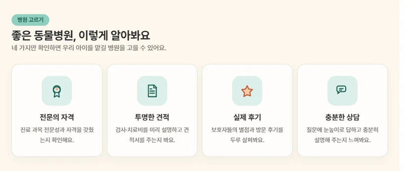 좋은 동물병원 판별 체크리스트 아이콘 4개