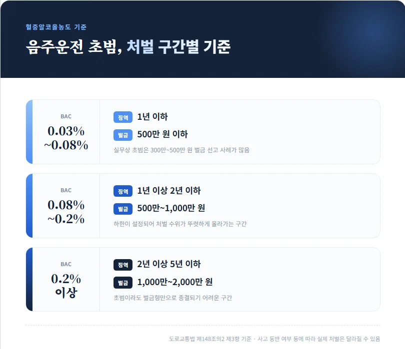 음주운전 초범 혈중알코올농도 구간별 처벌 기준 인포그래픽