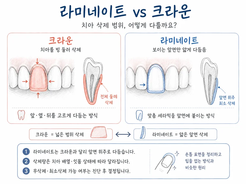 * 라미네이트와 크라운 치아 삭제 범위 비교