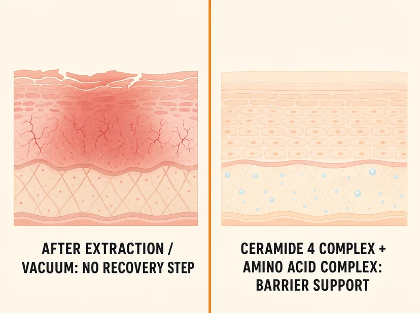 Side-by-side skin cross-section comparison — left panel shows inflamed, cracked skin with visible blood vessels after extraction or vacuum treatment with no recovery step, right panel shows calm, intact skin layers with moisture molecules distributed evenly after Ceramide 4 Complex and Amino Acid Complex barrier support