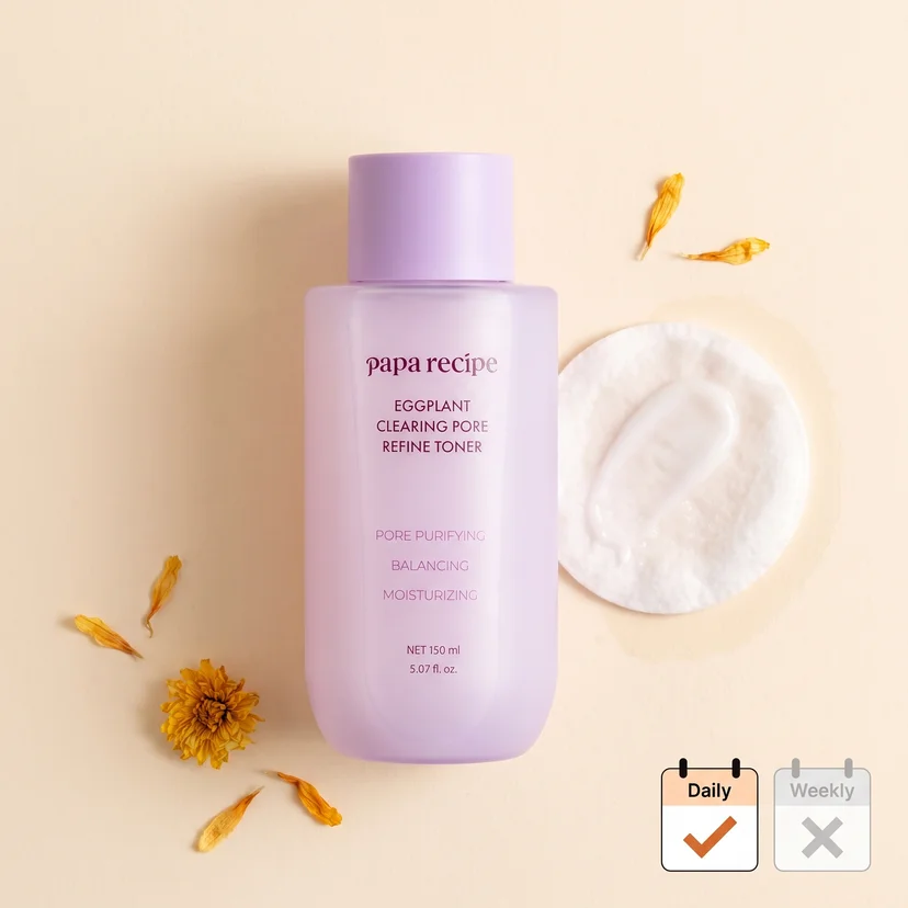 Papa Recipe Eggplant Clearing Pore Refine Toner 150ml bottle lying flat on a peach surface beside a milky toner-soaked cotton pad and scattered yellow chrysanthemum petals, with a daily use badge checked and a weekly badge crossed out in the lower right corner