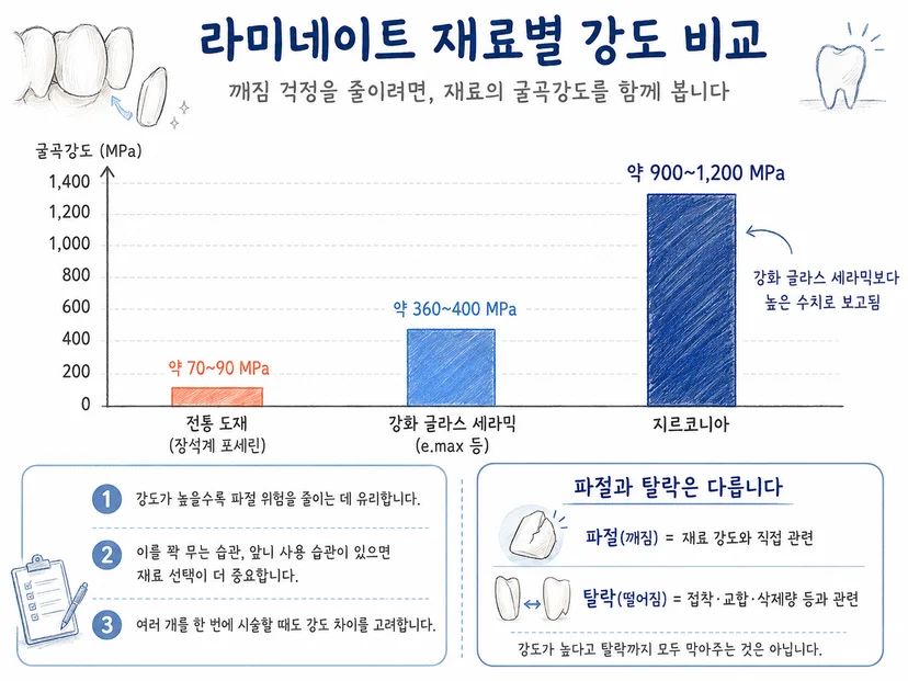 * 전통 도재 e.max 지르코니아 굴곡강도 MPa 비교 그래프