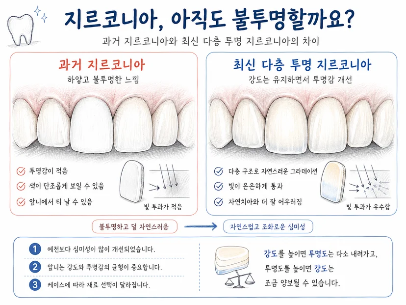 * 과거 지르코니아와 최신 투명 다층 지르코니아 투명감 비교