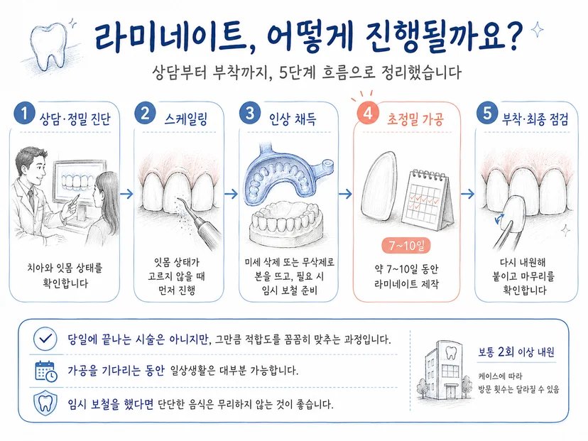 * 앞니 라미네이트 시술 과정 5단계 진행 다이어그램