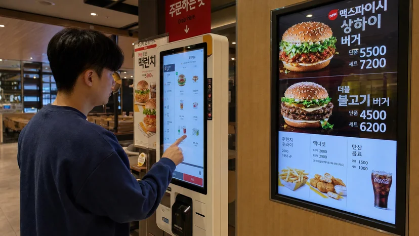  터치 키오스크와 벽걸이 디지털 사이니지 화면을 나란히 비교한 매장 내부 모습