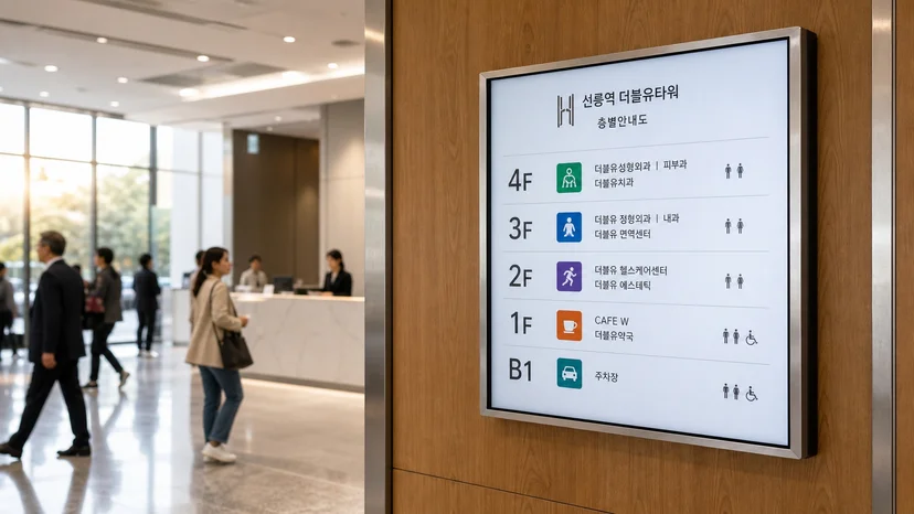 건물 로비 벽면에 설치된 55인치 DID시스템 정보 디스플레이가 층별 안내를 표시하는 모습