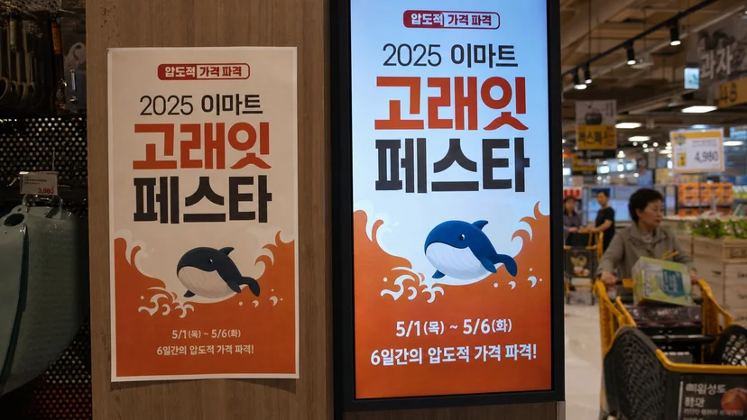 매장 벽면에서 정적 인쇄 포스터와 밝은 디지털 사이니지 화면이 같은 프로모션을 나란히 보여주는 모습