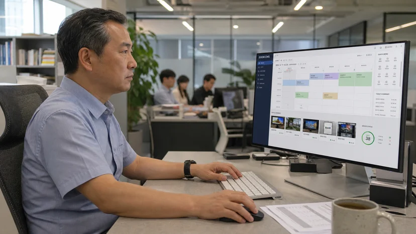 사무실에서 관리자가 CMS 대시보드로 여러 DID 화면의 콘텐츠와 상태를 원격 관리하는 모습