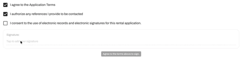 The applicant signs their reference contact permission in the application — that same consent is what reference contacts see when they open the link