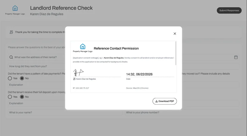 The Reference Contact Permission modal shown to the landlord or employer — applicant signature, timestamp, IP address, and device all included