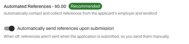 The "Automatically send references upon submission" toggle in Automated References settings