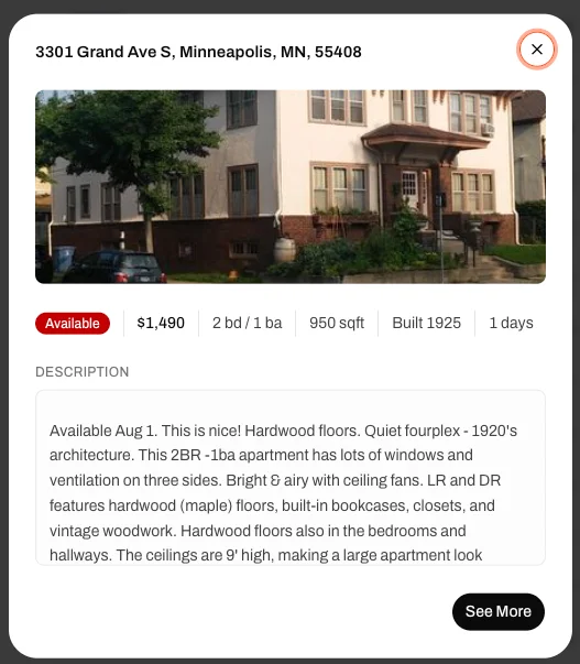Year built on a Market Tool comp listing card — shown alongside price, beds, baths, and square footage