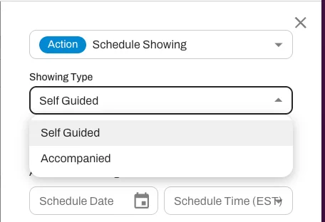 The Showing Type selector on a showing — switch between Self Guided and Accompanied on a per-showing basis