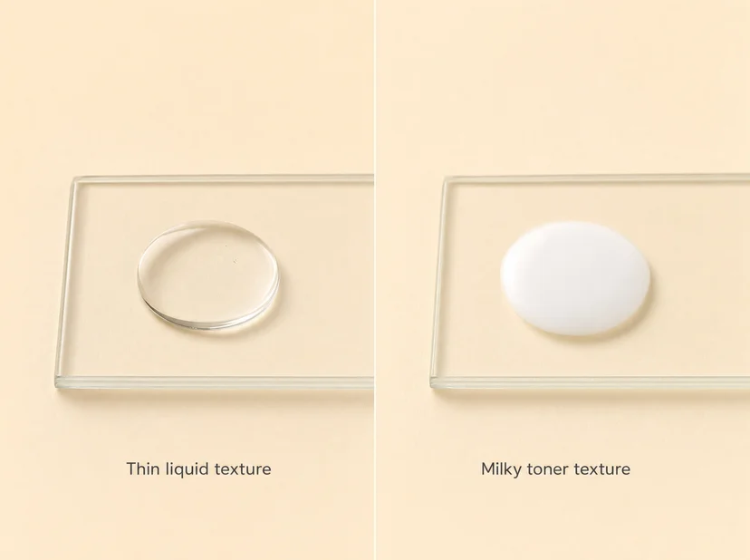 Side-by-side texture comparison of a thin clear liquid toner and a white milky toner spread on glass slides.