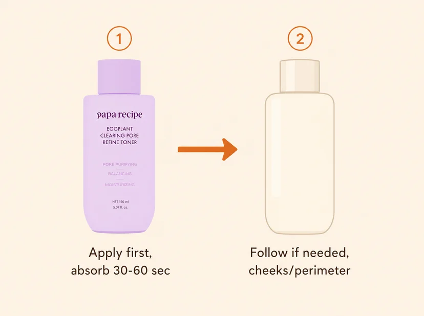 Two-step layering guide showing Papa Recipe pore refine milky toner applied first, followed by an optional second toner on cheeks.