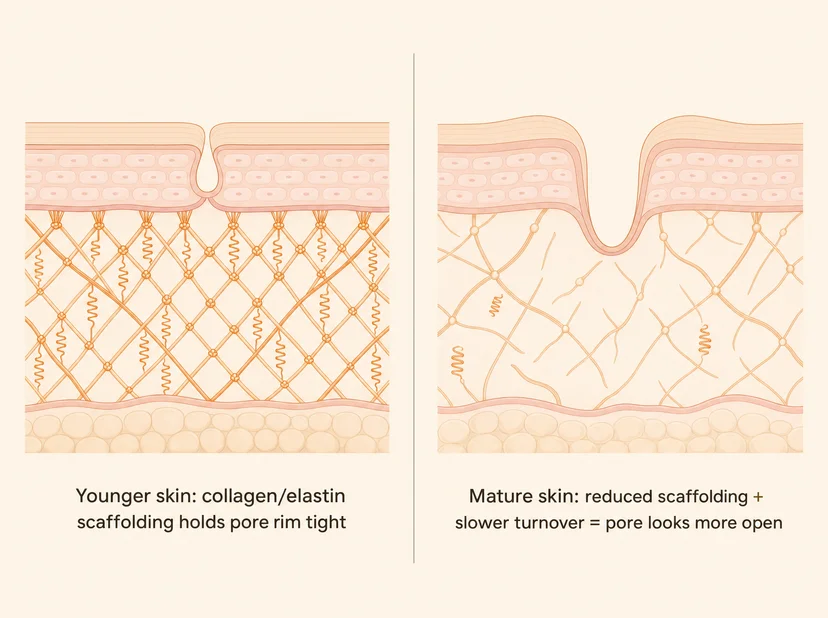 Cross-section diagram comparing younger skin with dense collagen scaffolding holding a pore tight versus mature skin with reduced scaffolding and a wider-looking pore.