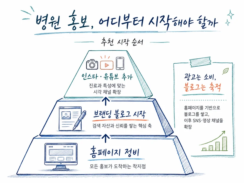 병원 홍보 채널 시작 순서 - 홈페이지 기반, 브랜딩 블로그, 인스타그램·유튜브 순서 피라미드