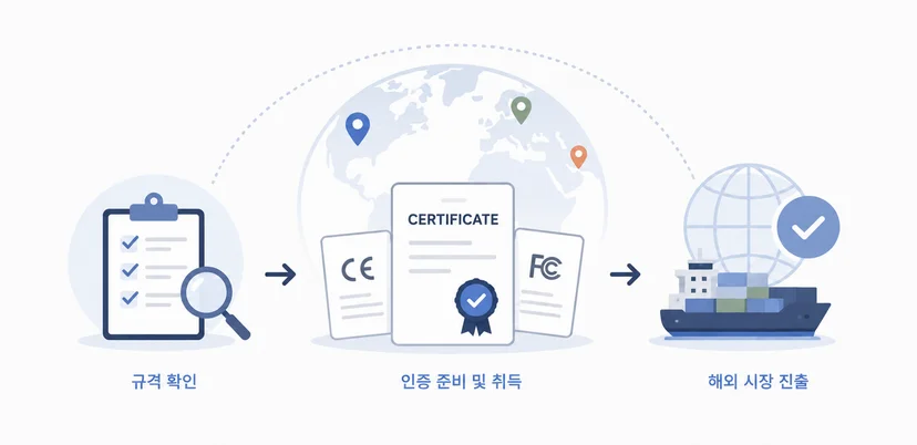 해외규격인증 규격 확인, 인증 취득, 시장 진출 3단계 프로세스 인포그래픽