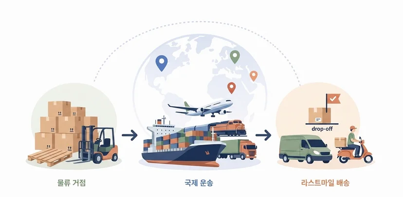 물류 거점, 국제 운송, 라스트마일 배송 3단계로 구성된 국제운송 프로세스 인포그래픽