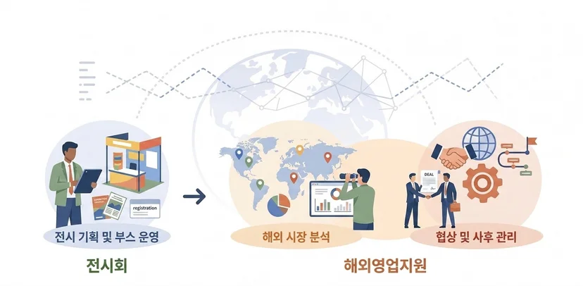 전시 기획 및 부스 운영, 해외 시장 분석, 협상 및 사후 관리로 구성된 전시회·해외영업지원 프로세스 인포그래픽