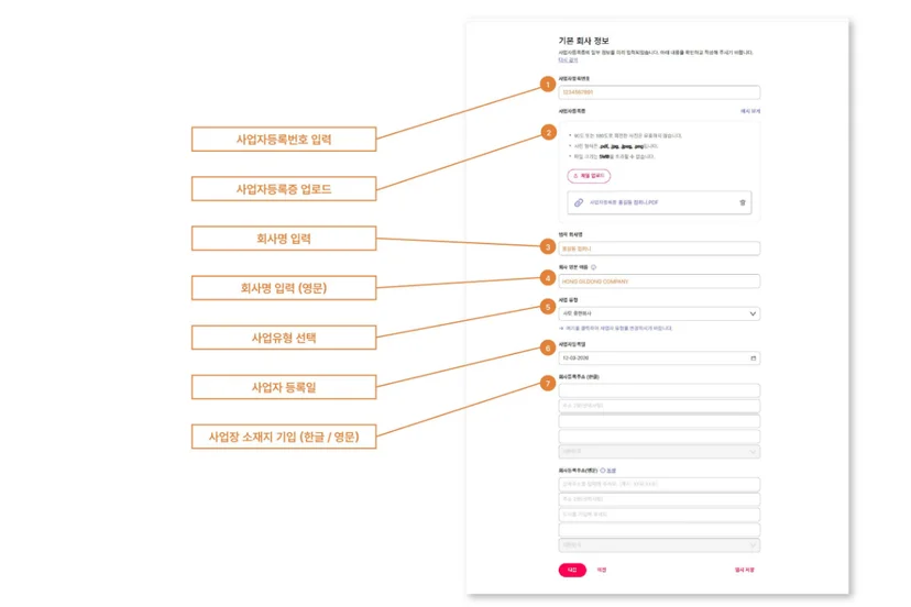 사업자등록증 업로드와 회사 정보를 입력하는 화면