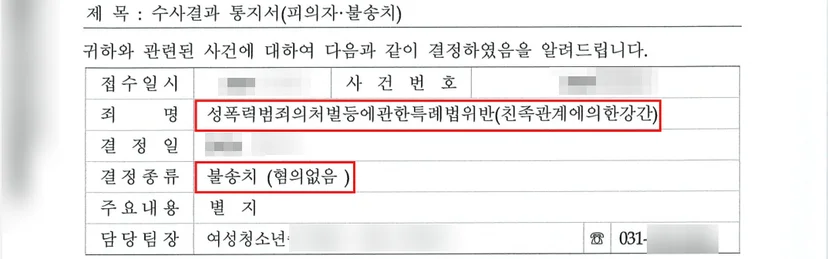 친족관계에 의한 강간 불송치결정서