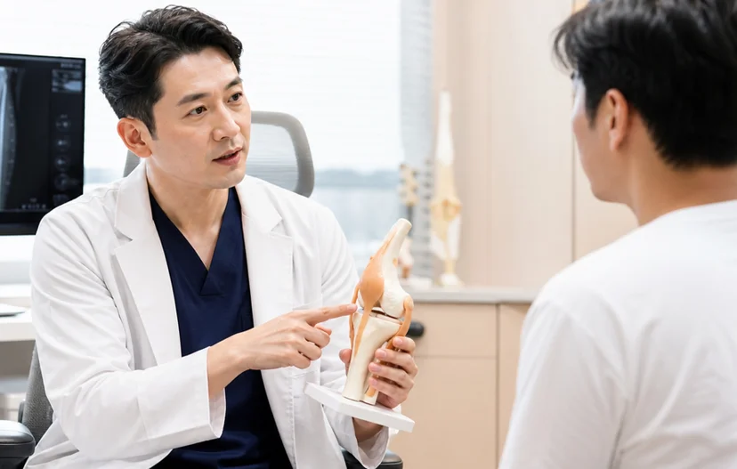 예약 후 내원한 환자에게 척추 모형으로 진료 내용을 설명하는 의사