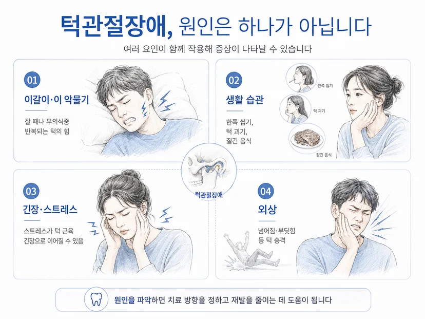 턱관절장애 원인 이갈이 이악물기 생활습관 스트레스 외상