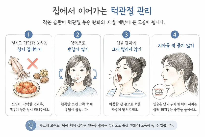 턱관절 관리법 단단한음식 양쪽씹기 하품 치아 띄우기 생활습관