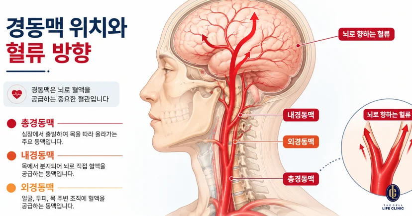 총경동맥, 외경동맥, 내경동맥, 뇌로 향하는 혈류방향