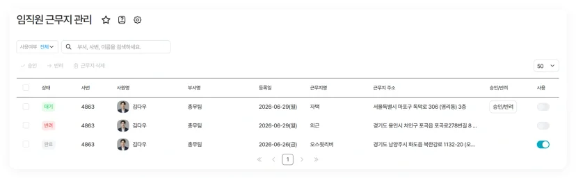 다우오피스HR 임직원 근무지 관리 화면. 자택 주소가 등록되어 승인 대기 중인 상태.