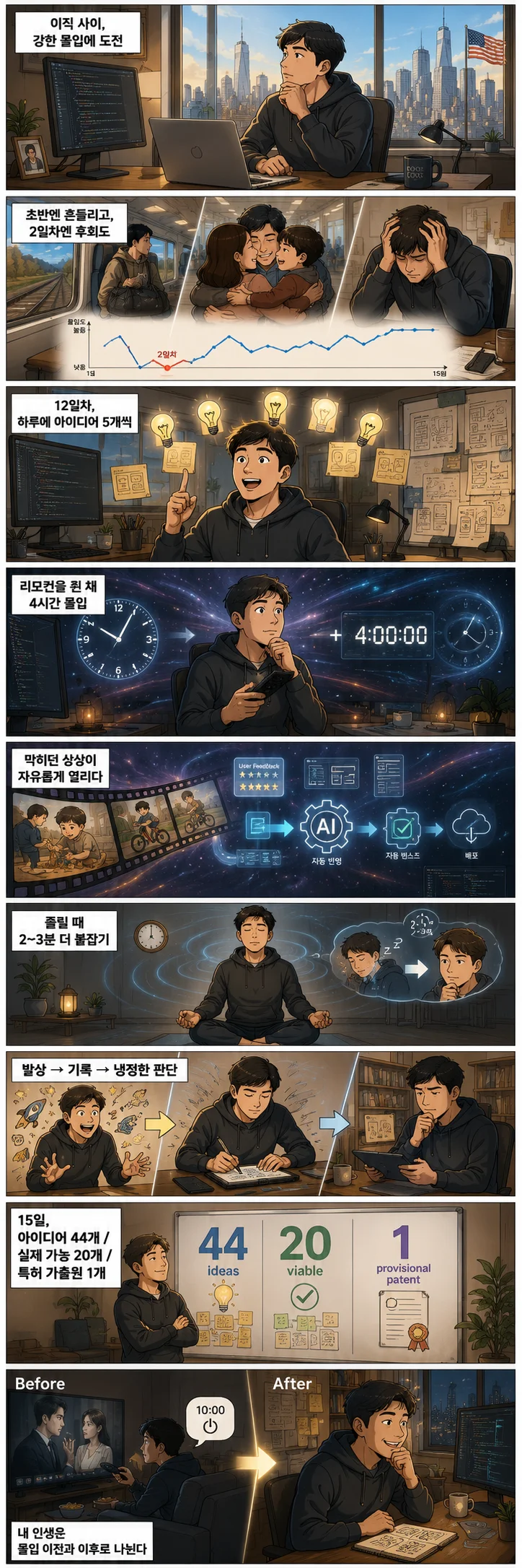 미국에서 일하는 30대 소프트웨어 엔지니어가 15일간 강한 몰입을 하며 아이디어를 떠올리고, 기록하고, 특허 가출원까지 이어지는 과정을 한 줄 한 컷 만화로 보여주는 세로형 이미지