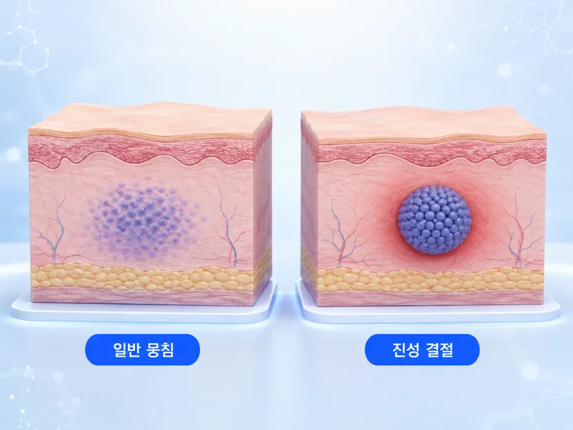 촉감, 발생 시기, 통증 여부로 일반 뭉침과 진성 결절을 구별할 수 있습니다.
