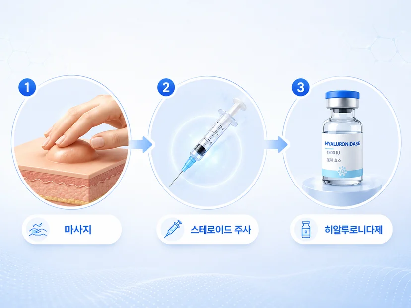 결절 처치는 마사지 → 스테로이드 주사 → 히알루로니다제 순서로 상태에 맞게 단계적으로 접근합니다.