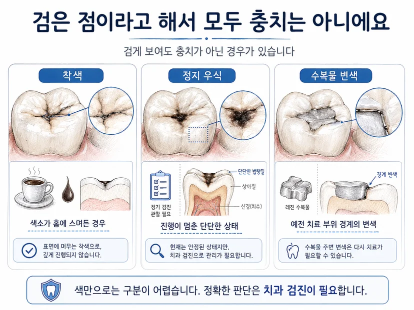 검은 점 충치 아닌 경우 착색 정지우식 수복물 변색 차이