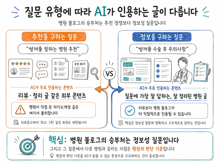 추천을 구하는 질문에서는 외부 리뷰·정리 글이, 정보를 구하는 질문에서는 잘 정리된 병원 글이 인용된다는 것을 두 갈래로 나눠 보여주는 그림